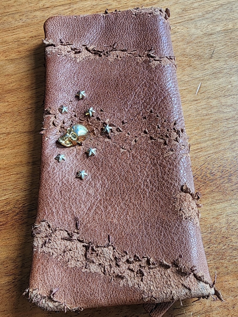 Malababa Brown Distressed Leather Fold Wallet with Gold Stud and Skull Detail